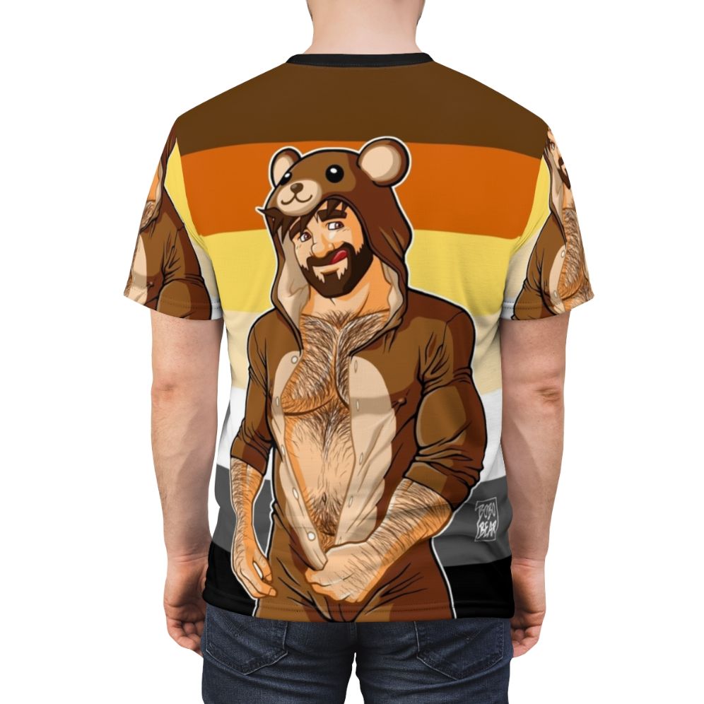 An all-over printed t-shirt featuring a bear pride design with various bear-related motifs and text - men back