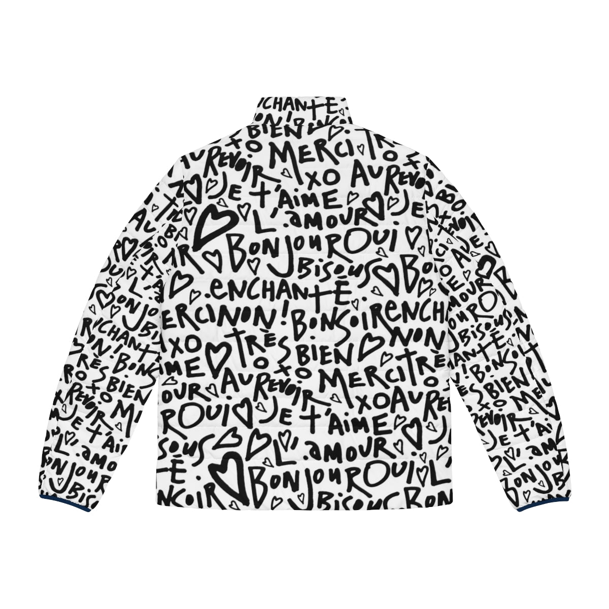 Stylish French puffer jacket with hand-drawn hearts, text, and French phrases - Back