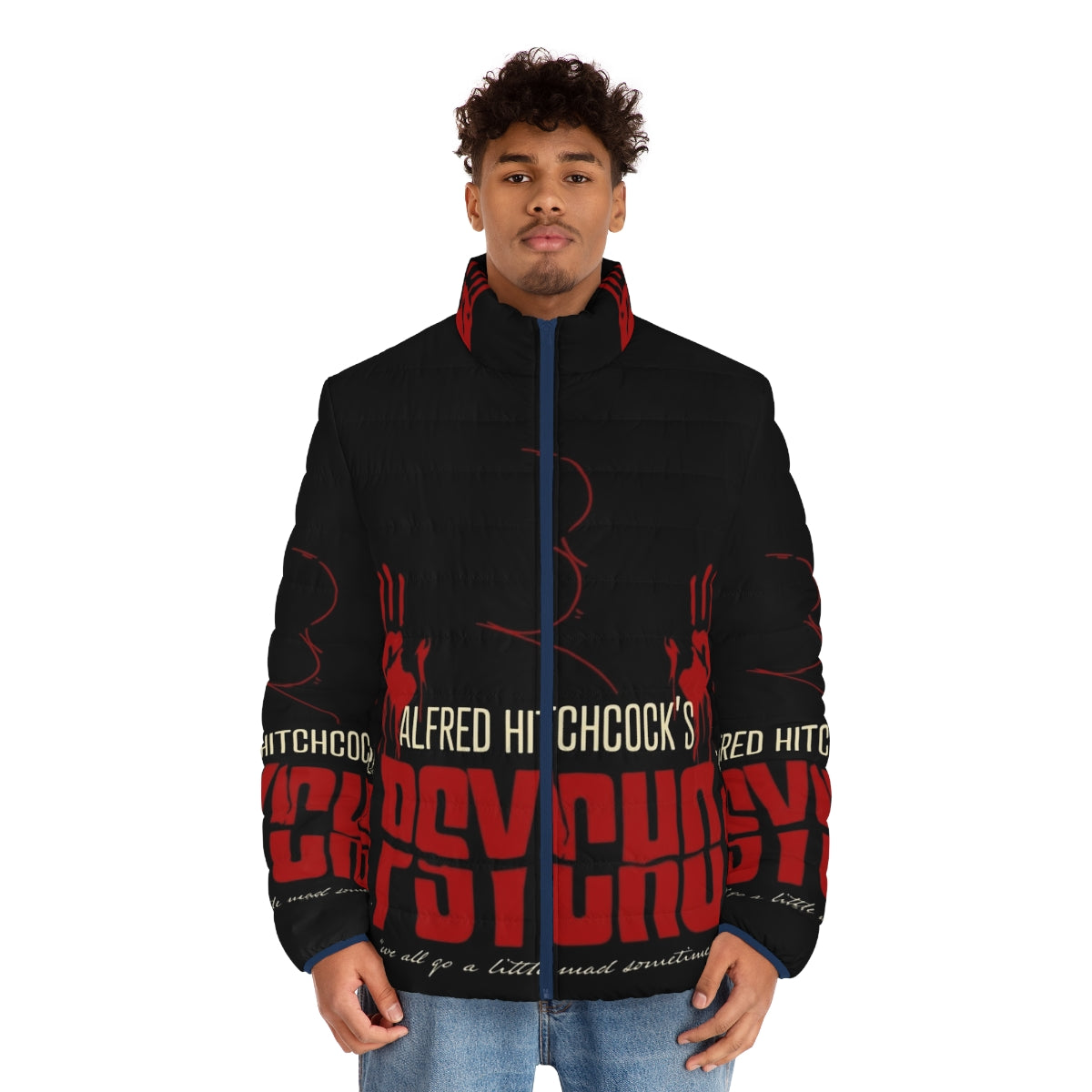 Alfred Hitchcock Psycho Puffer Jacket with birds and red and black color scheme - men front