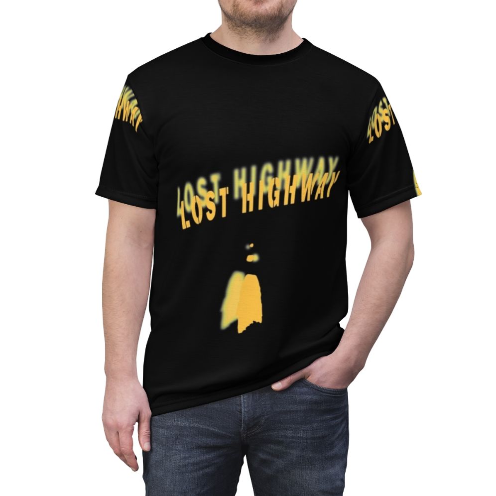 Vintage-style T-shirt featuring a graphic inspired by the cult classic film "Lost Highway" by director David Lynch. - men front