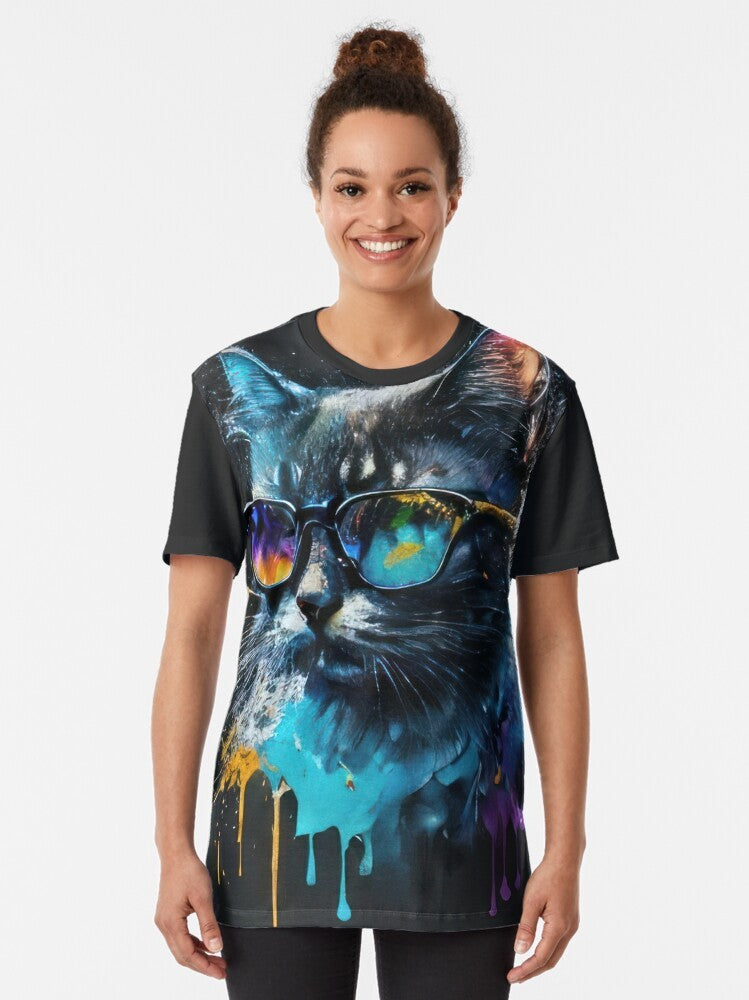 A vibrant, multicolored drip art design featuring a cool cat wearing sunglasses on a graphic t-shirt. - Women