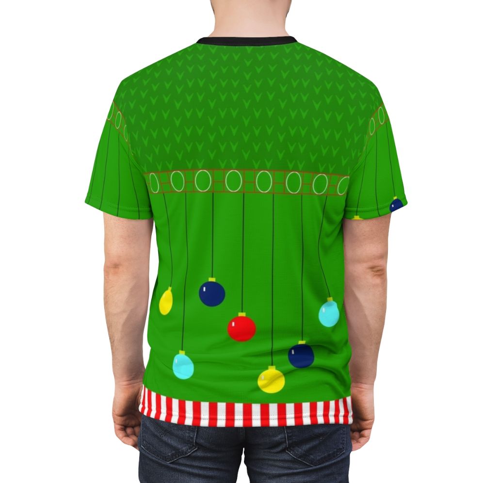 Image of a green and red t-shirt with a bold, festive Arthur Christmas sweater design - men back