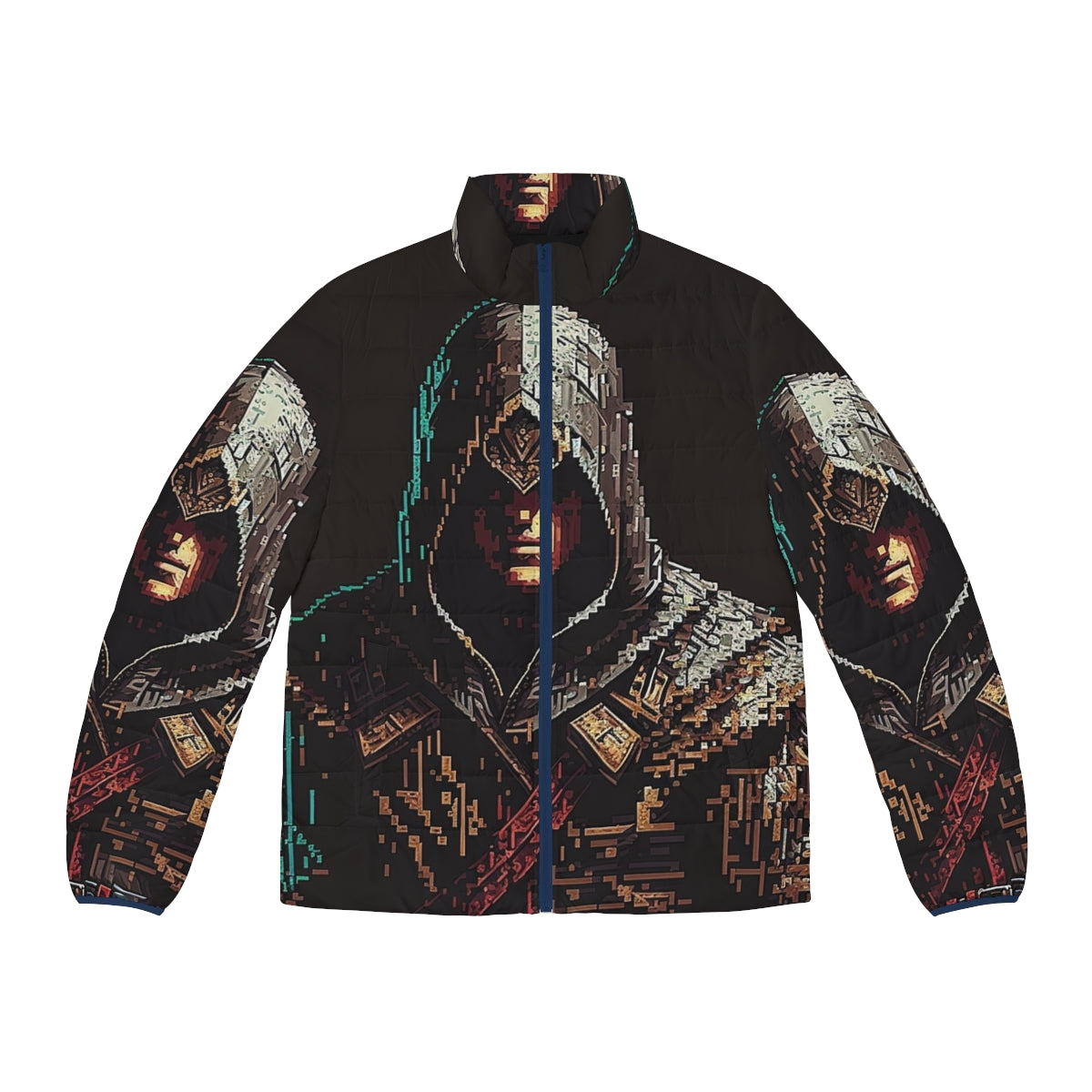 Pixel art design Assassin's Creed puffer jacket with focus on game franchise