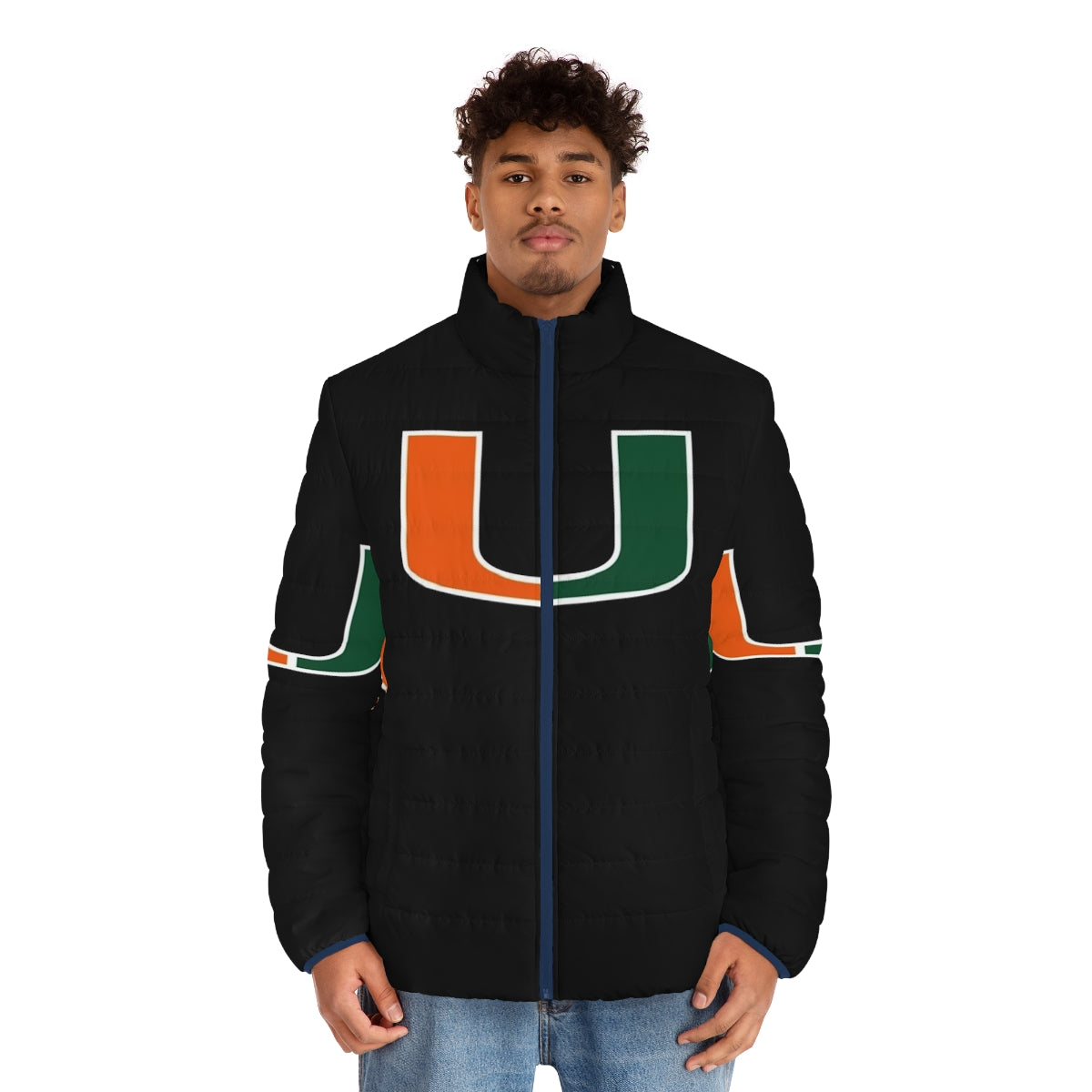 Miami Hurricanes logo printed on an insulated puffer jacket - men front