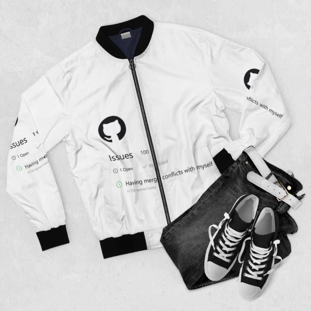 Bomber jacket with a humorous "Having Merge Conflicts with Myself" design for programmers and software engineers. - Flat lay