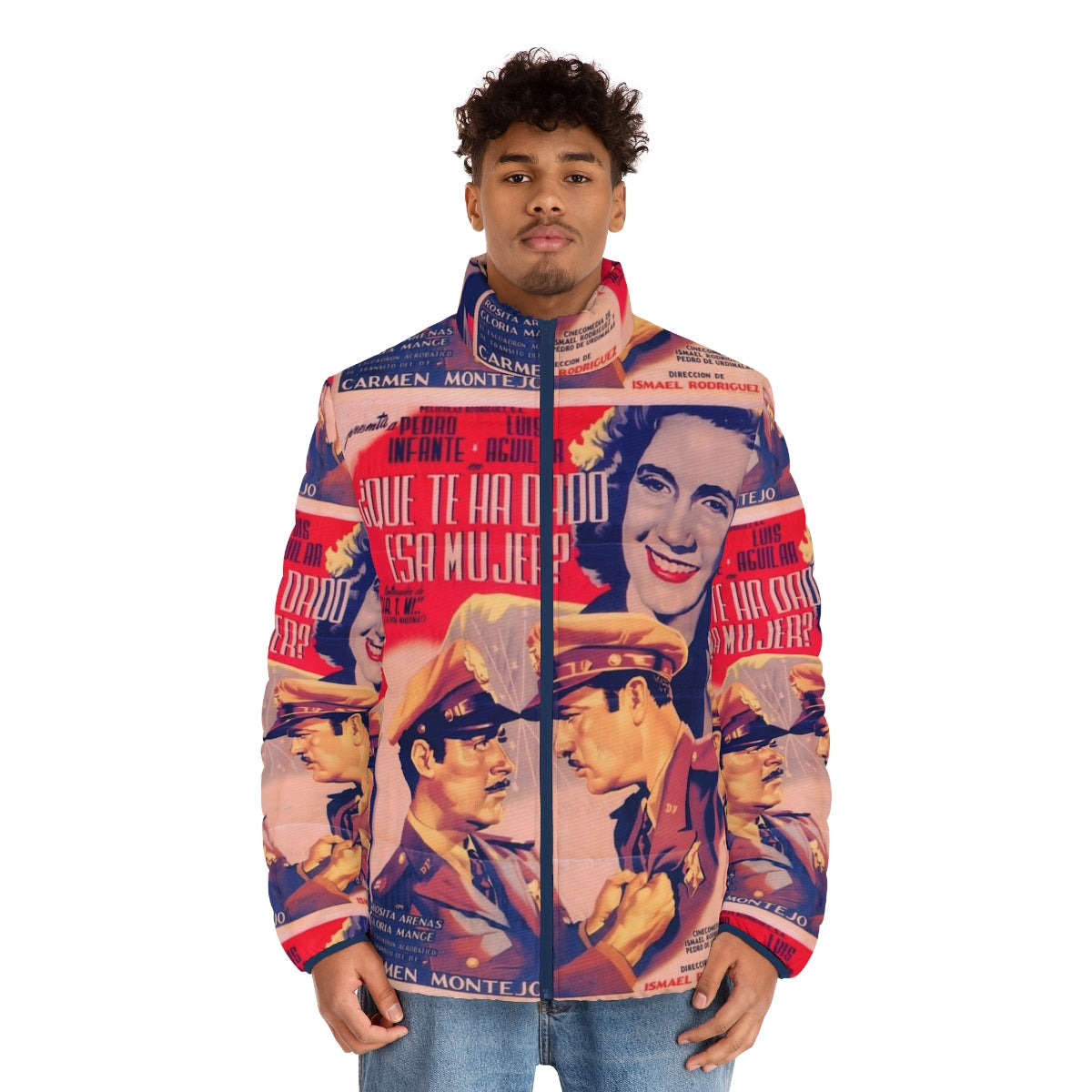 Vintage Mexican cinema icons puffer jacket featuring Pedro Infante, Pepe el Toro, and Luis Aguilar - men front