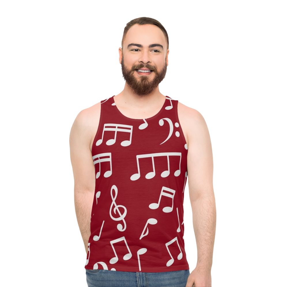 White music notes unisex tank top with red background - men