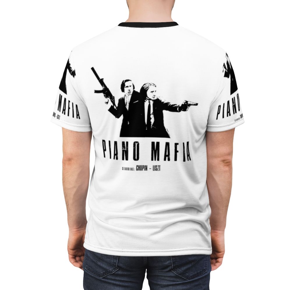 A stylish t-shirt featuring an artistic piano keyboard design with the names of famous classical composers and pianists. - men back