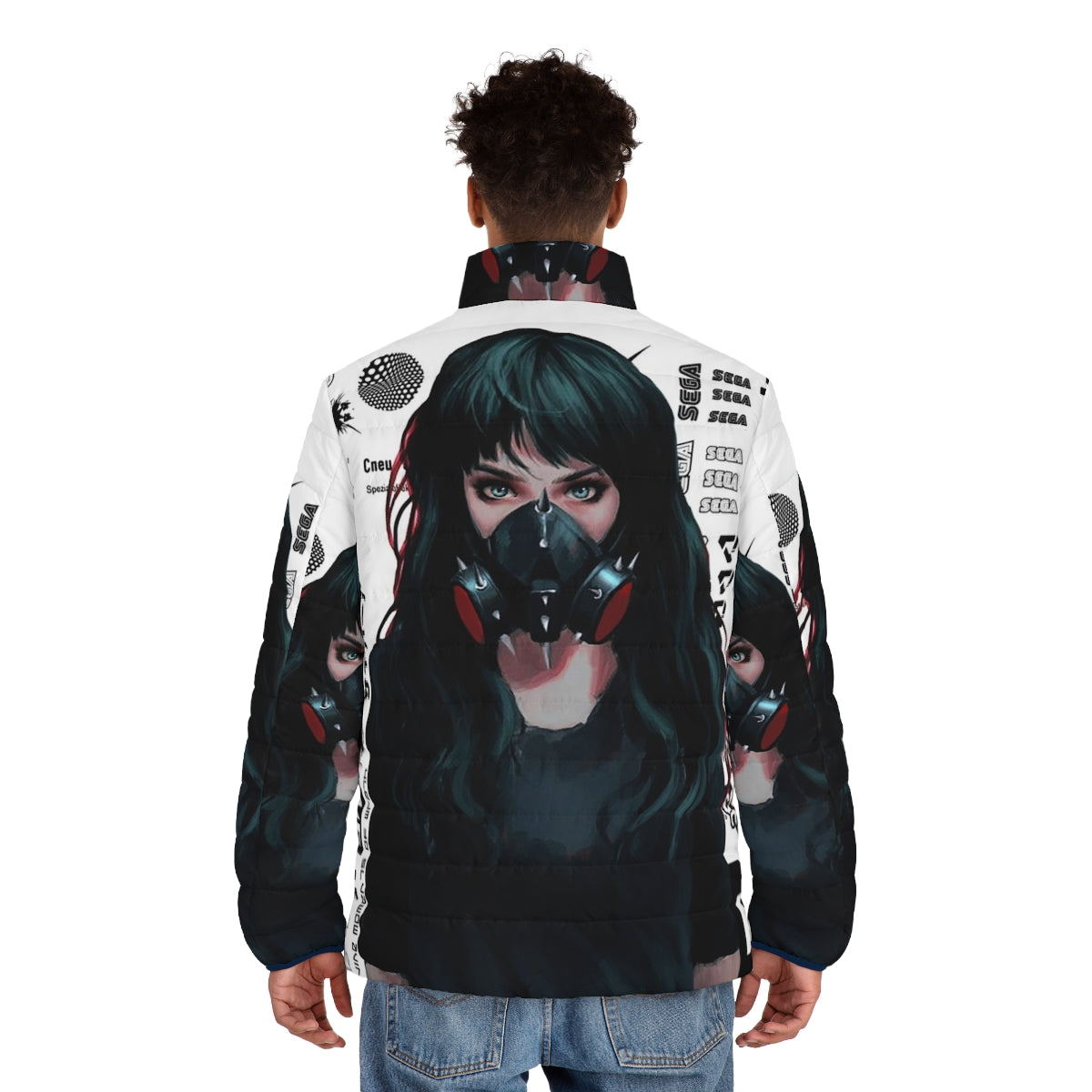 Cyberpunk gamer girl wearing a puffer jacket with futuristic and vaporwave design patterns - men back