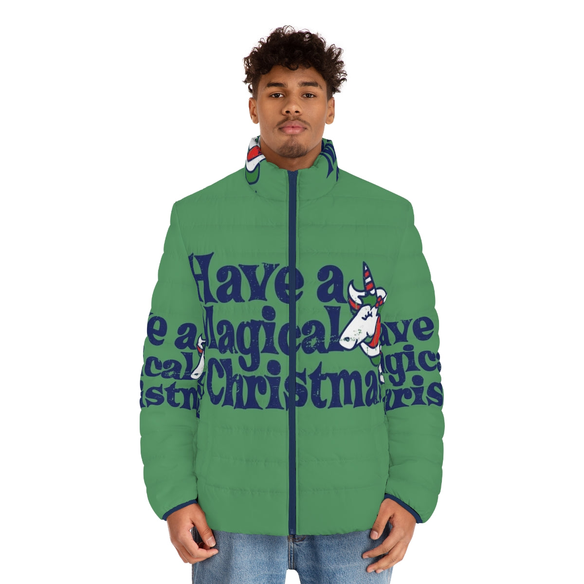 Puffer jacket with whimsical unicorn design for a magical Christmas - men front