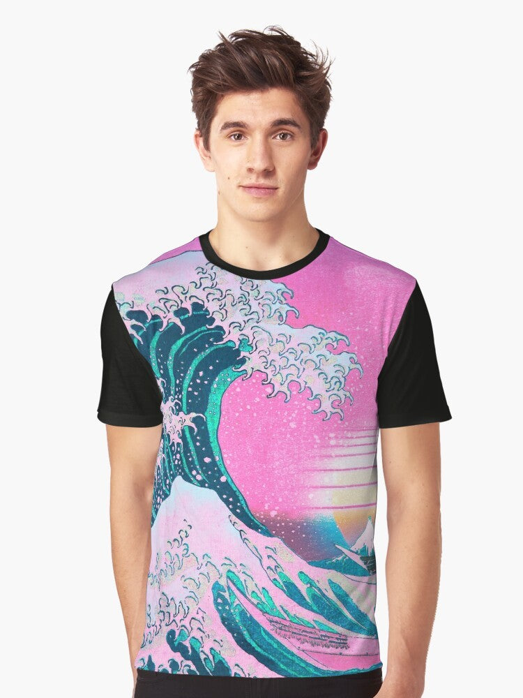 Vaporwave-inspired t-shirt featuring the iconic 'Great Wave Off Kanagawa' design with a retro sunset backdrop - Men