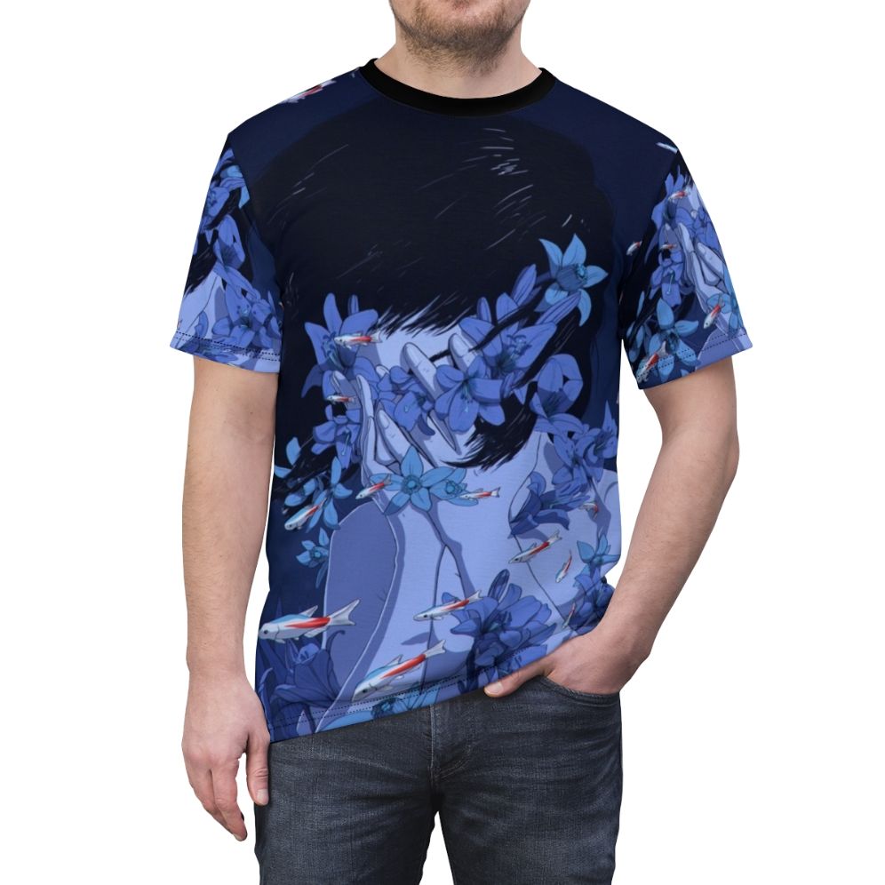 Anime-style graphic t-shirt featuring "Perfect Blue" inspired artwork with fish, flowers, and water elements. - men front