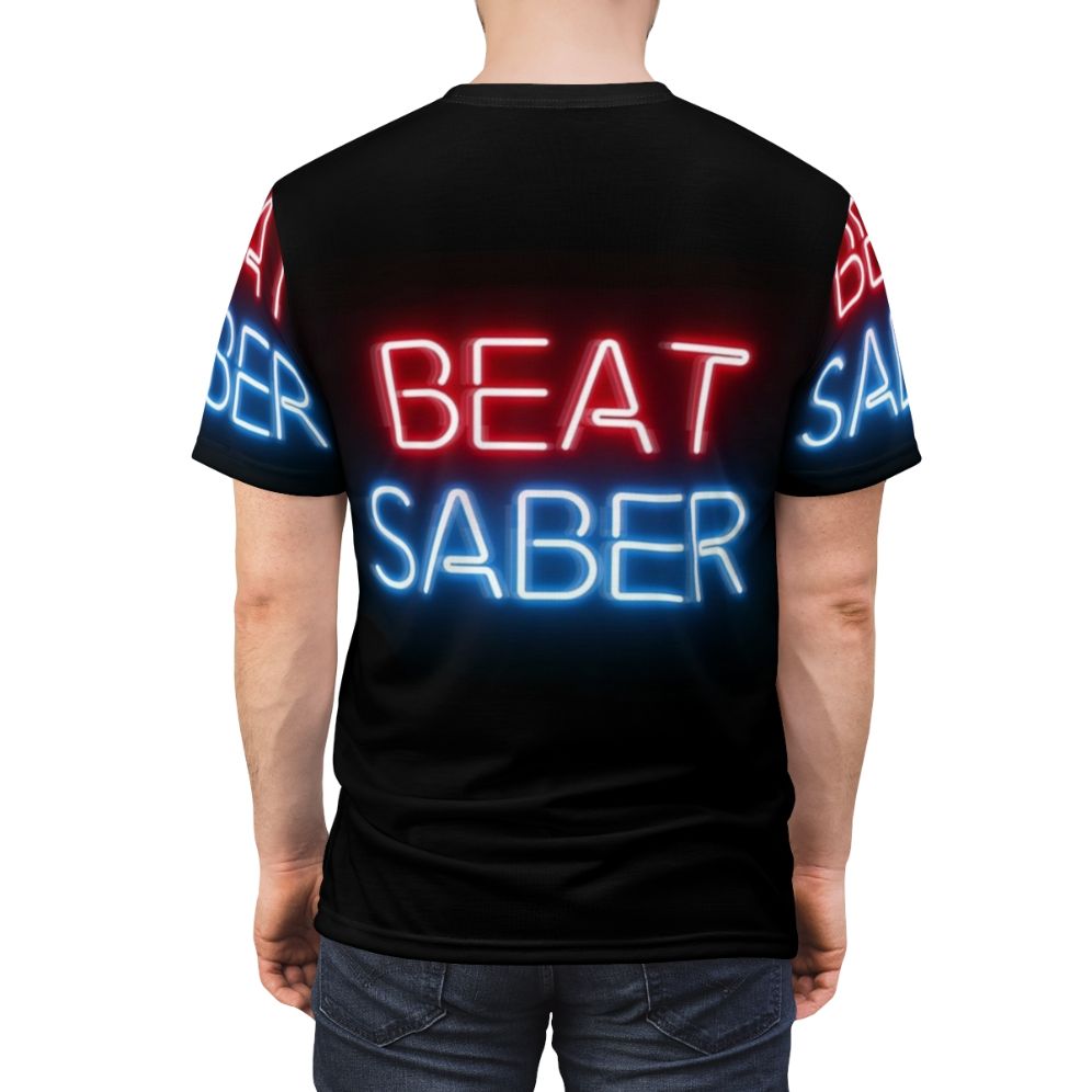 Virtual reality inspired Beat Saber T-Shirt with neon colors and cyberpunk vibes - men back