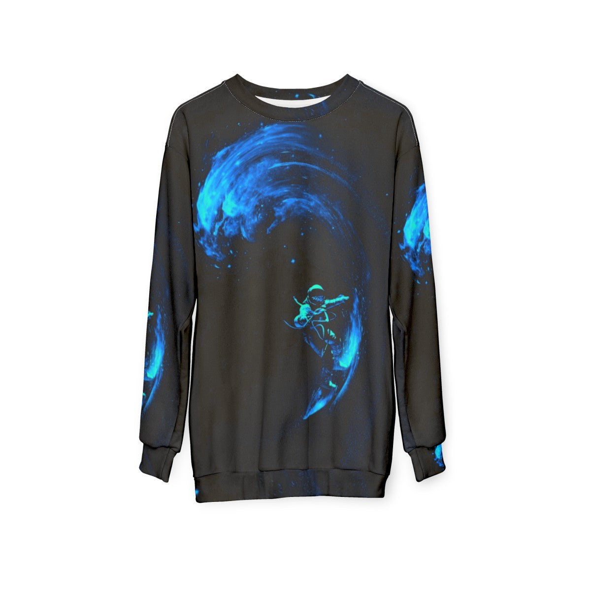 Cosmic Space Surfing Sweatshirt with galaxy, stars and astronaut design - hanging