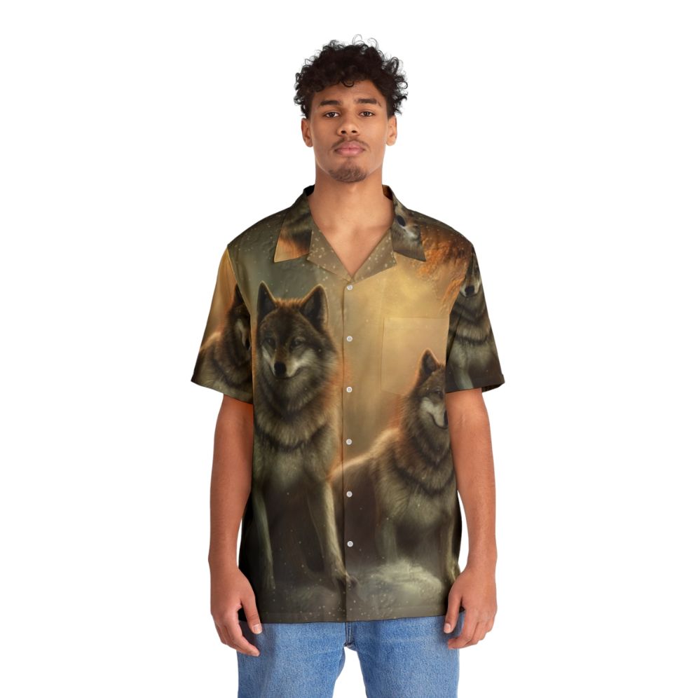 Winter Wolves Hawaiian Shirt with Wolf Print Design - People Front