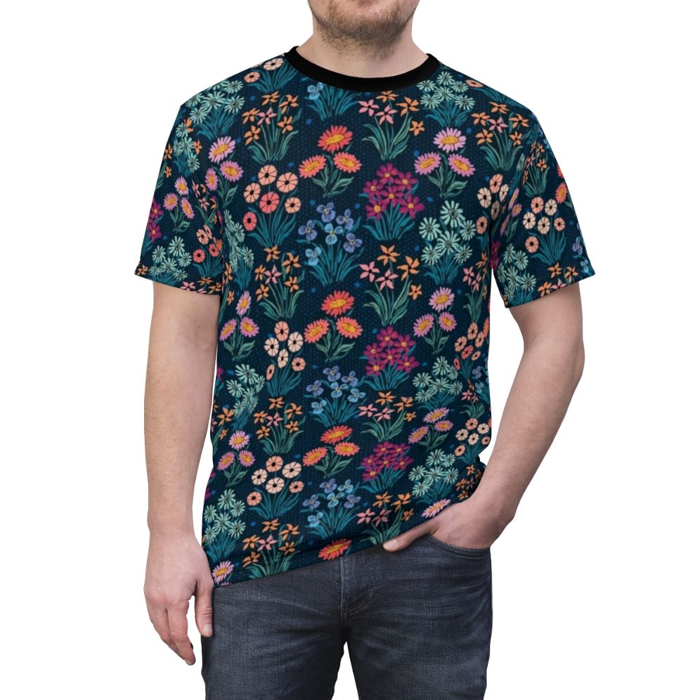 Vibrant floral pattern on a high-quality flower row t-shirt - men front