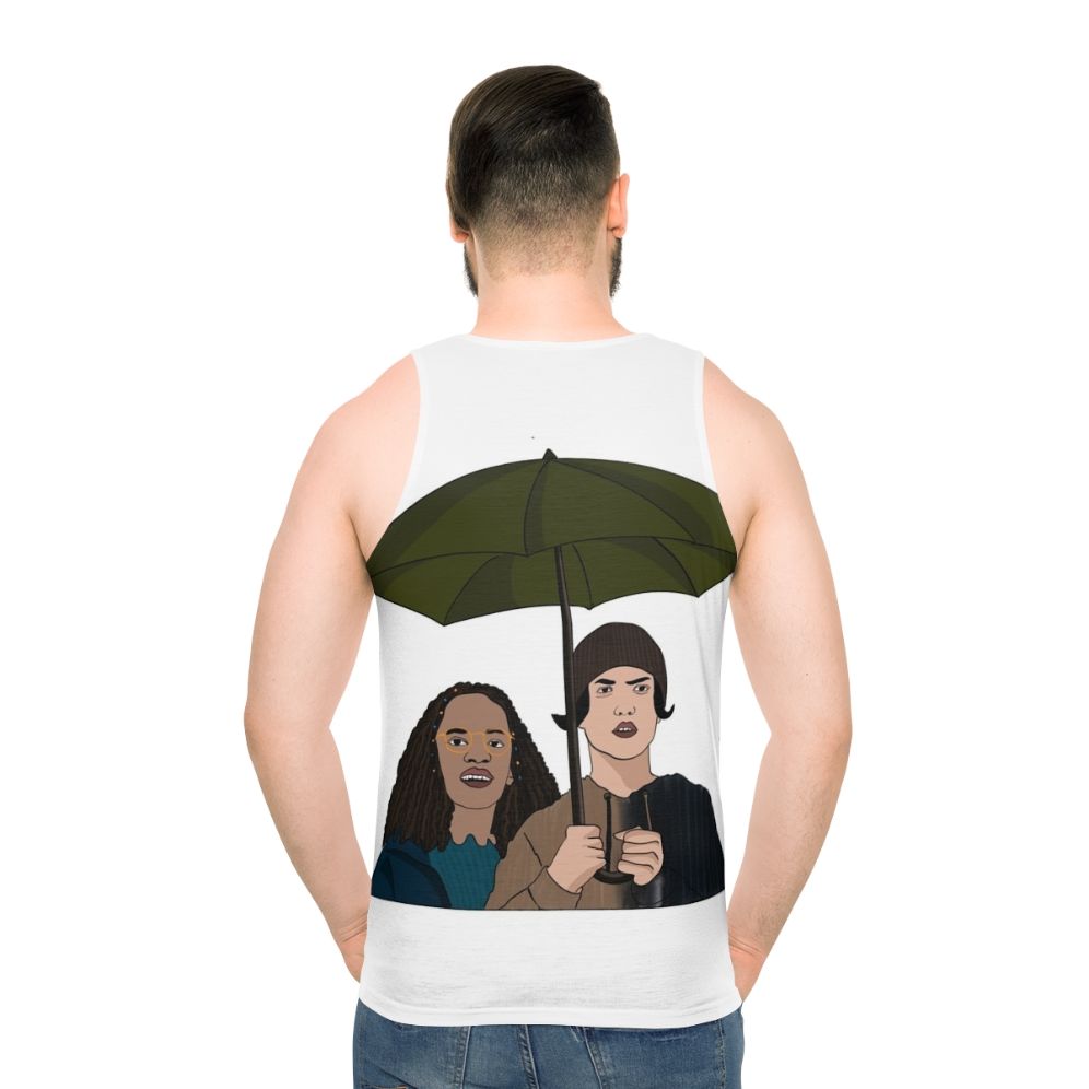 Heartstopper Netflix Unisex Tank Top featuring characters Nick, Charlie, and Nellie - men back