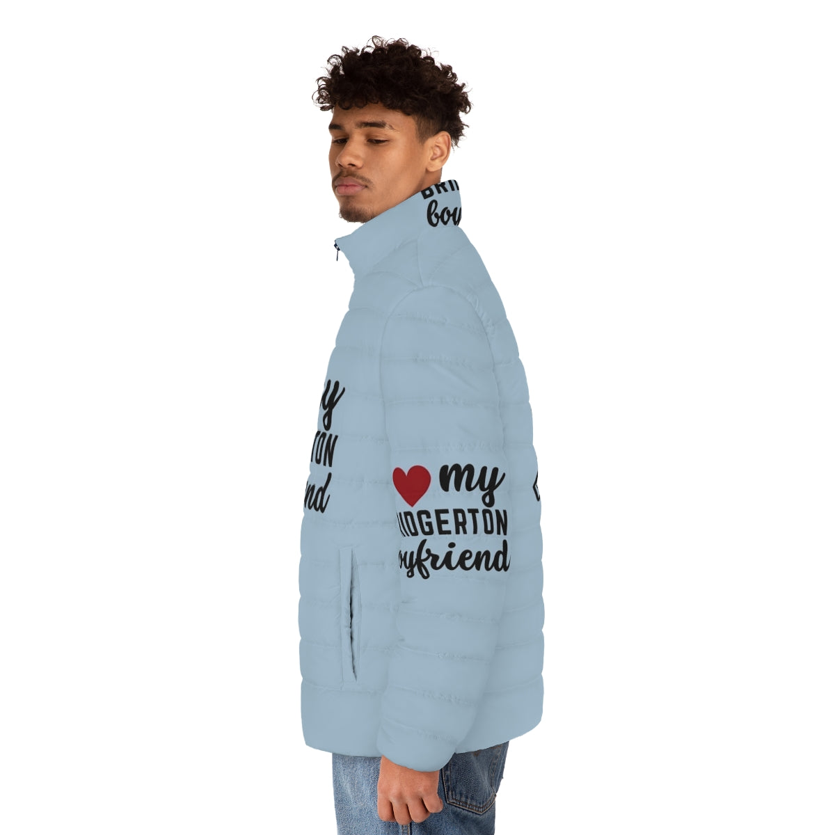 Bridgerton inspired puffer jacket with "I Love My Bridgerton Boyfriend" text - men side left