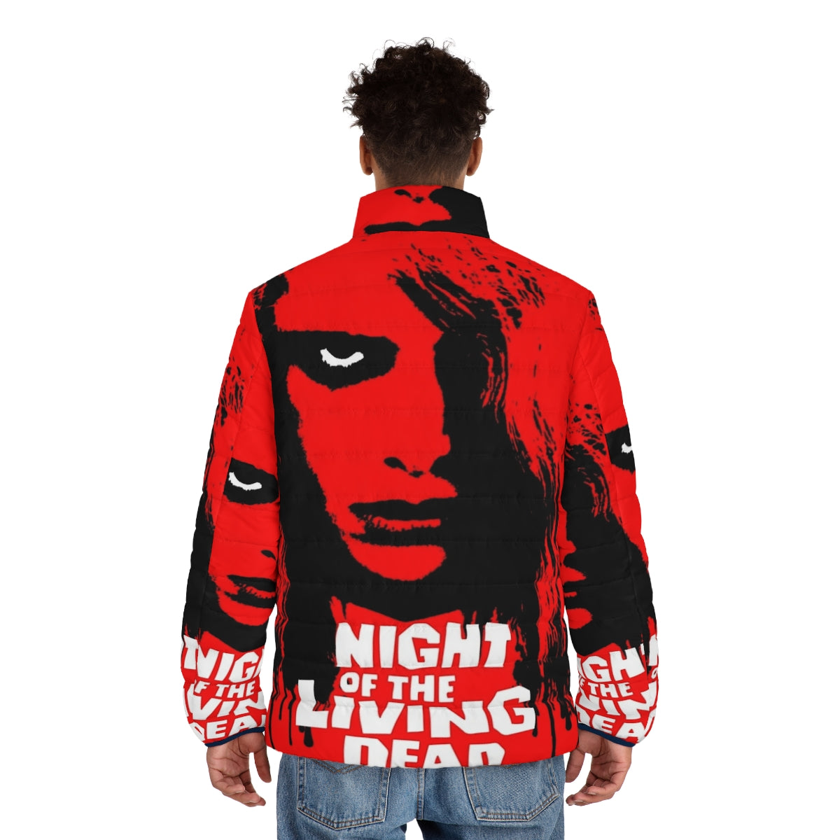 "Night of the Living Dead" inspired puffer jacket with zombie and horror movie graphics - men back