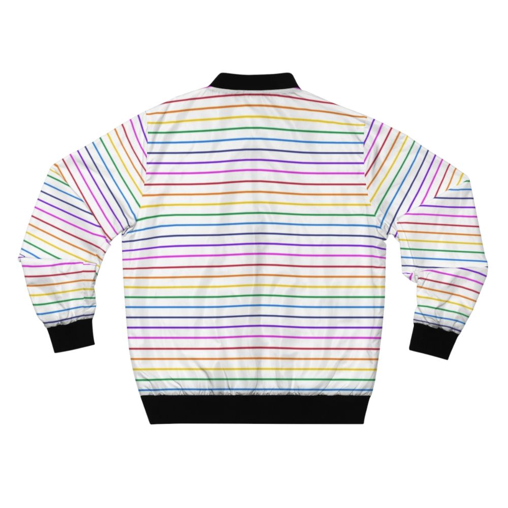 A white bomber jacket with bright horizontal rainbow stripes. - Back