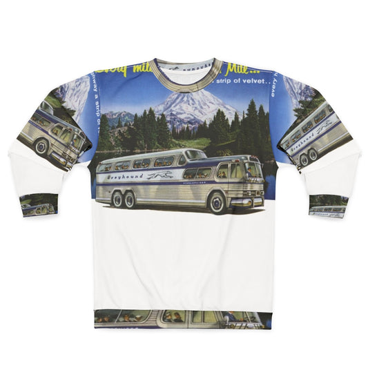 Retro Greyhound bus sweatshirt with 1950s travel theme