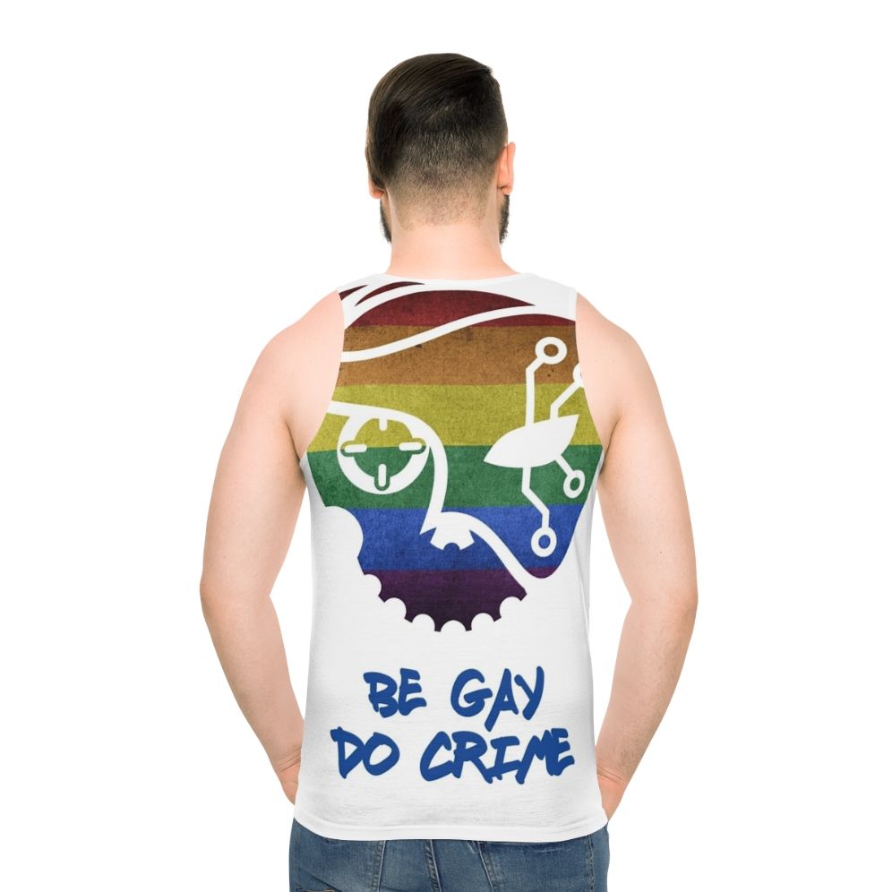 Unisex tank top with "Be Gay Do Crime" graphic - men back