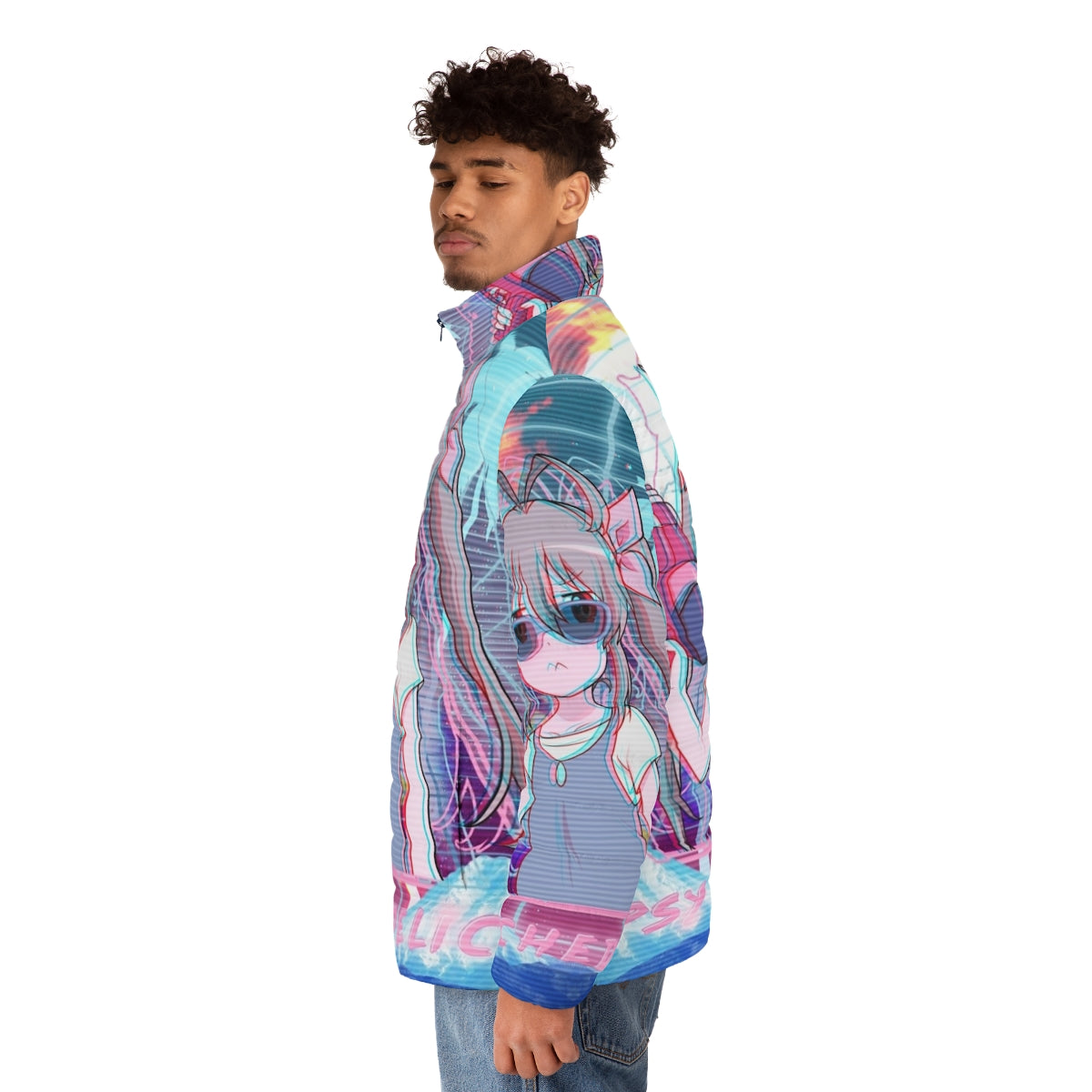 Psychedelic puffer jacket featuring anime-style girl with twin tails, water, gun, and palm trees in a synthwave, retrowave, vaporwave aesthetic - men side left