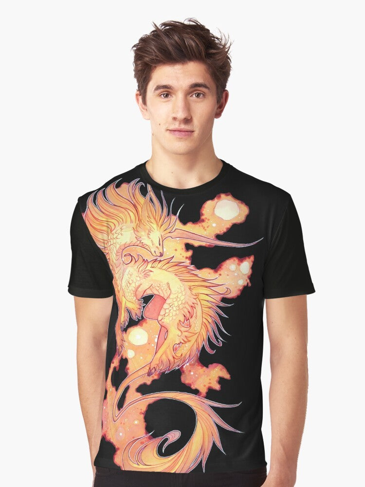 A colorful graphic t-shirt featuring a space unicorn, also known as a drachenmagier or kirin, a fantasy creature with a unique design. - Men