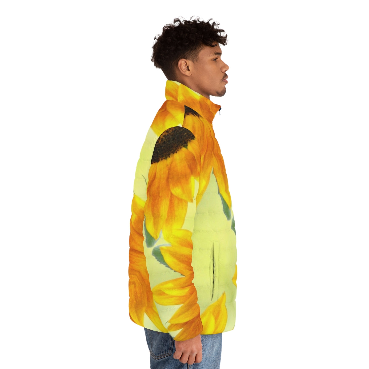 Sunflower patterned puffer jacket with yellow and black design - men side right