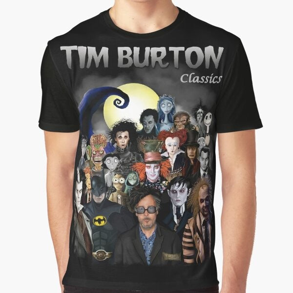 Tim Burton-inspired graphic t-shirt featuring iconic gothic art and horror film elements