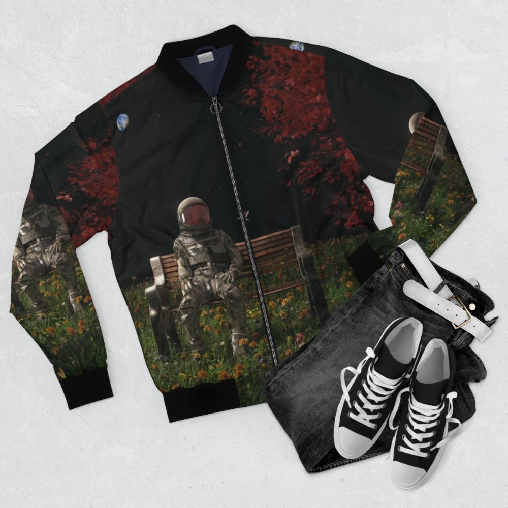 Interlude Cosmic Bomber Jacket with surreal, space-inspired design featuring astronauts, birds, and flowers - Flat lay