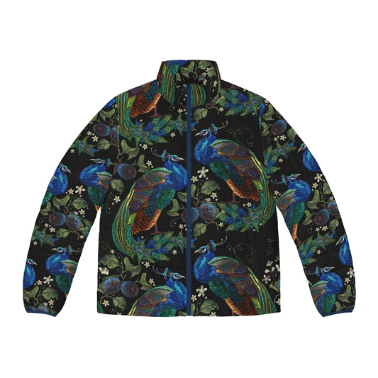 Embroidered peacock pattern on a puffer jacket