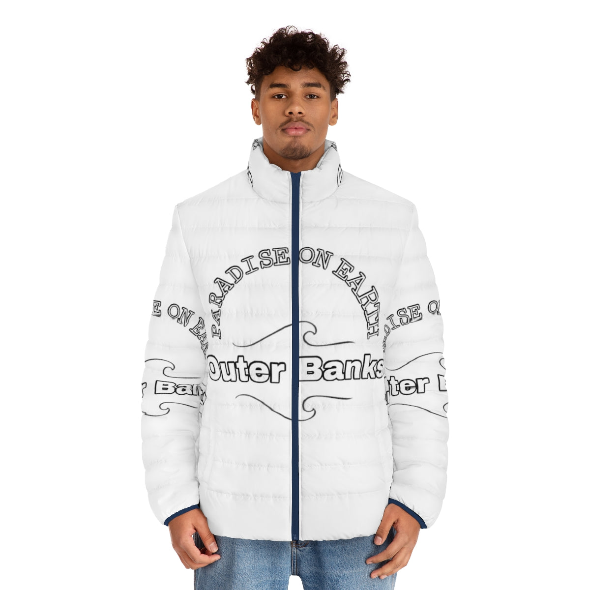 Outer Banks-inspired puffer jacket with beach and lighthouse design - men front