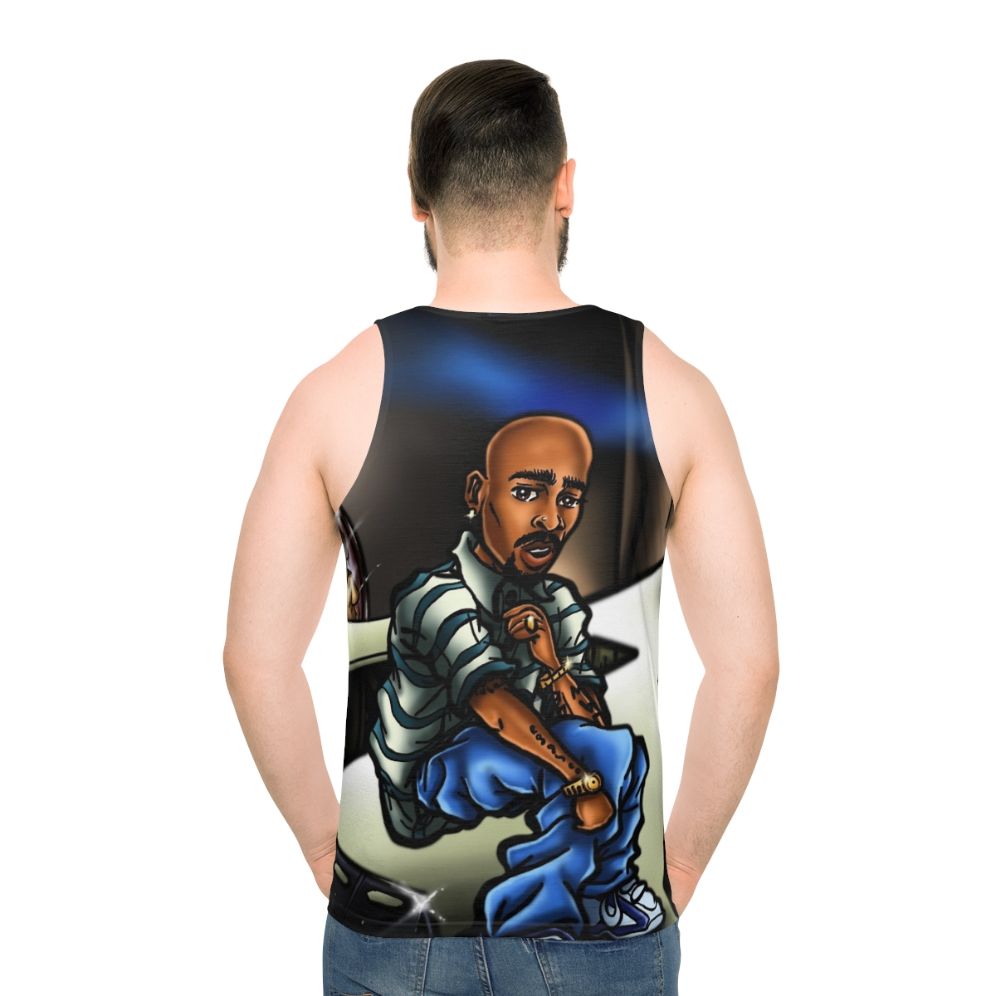 Unisex graphic tank top with airbrush anime-inspired caricatures - men back