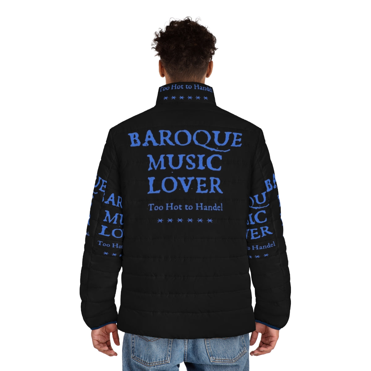 Classical and baroque music lover wearing a funny puffer jacket with a Handel tribute design - men back