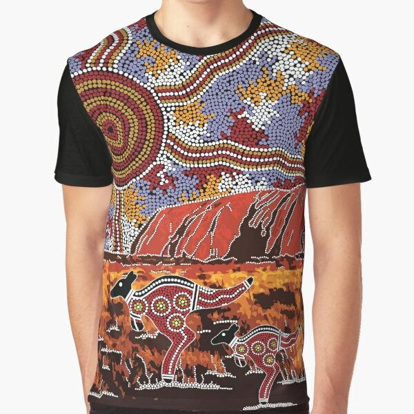 Authentic Uluru and Aboriginal Art Graphic T-Shirt with Kangaroo and Landscape Motif