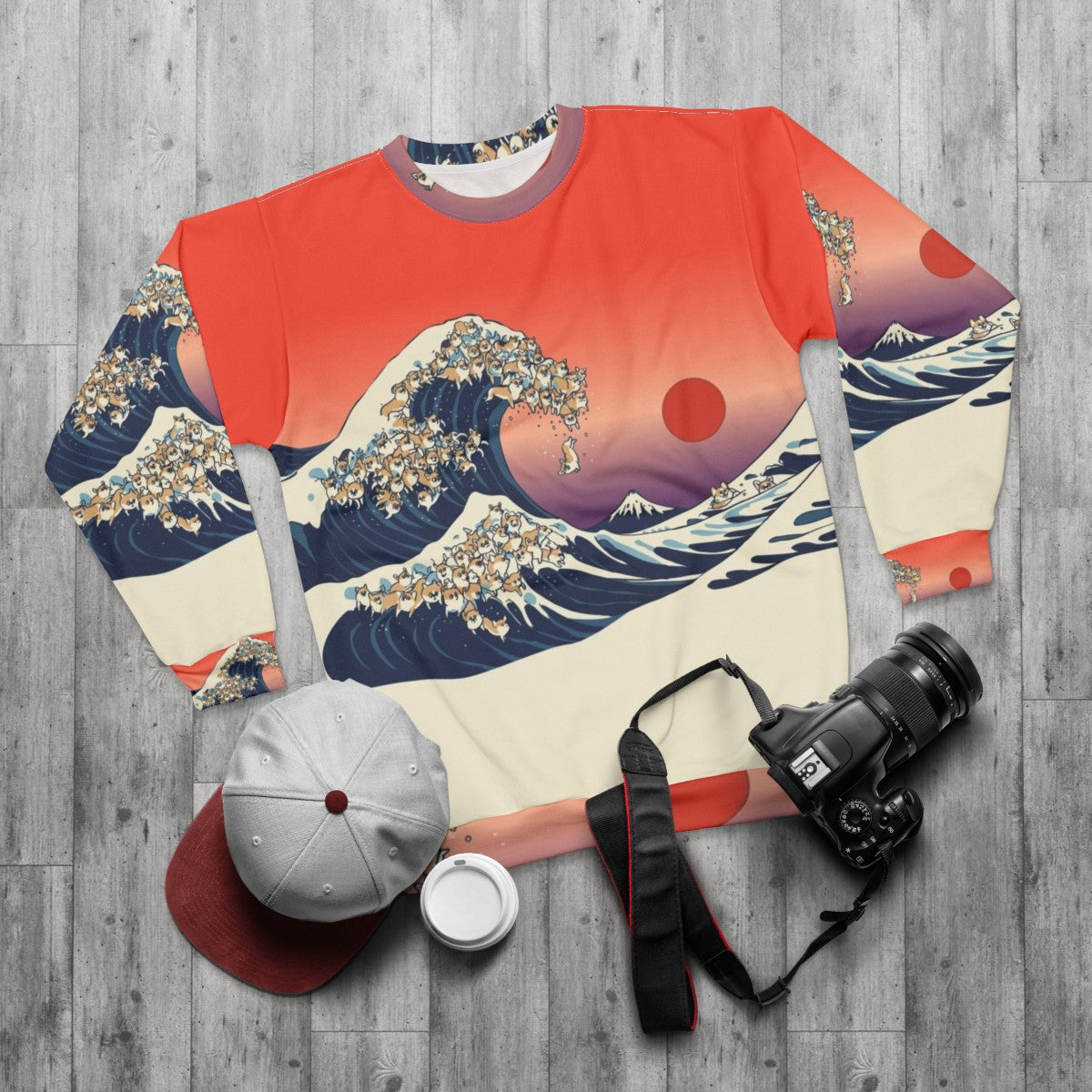 Corgis surfing in the Great Wave of Kanagawa inspired sweatshirt - flat lay