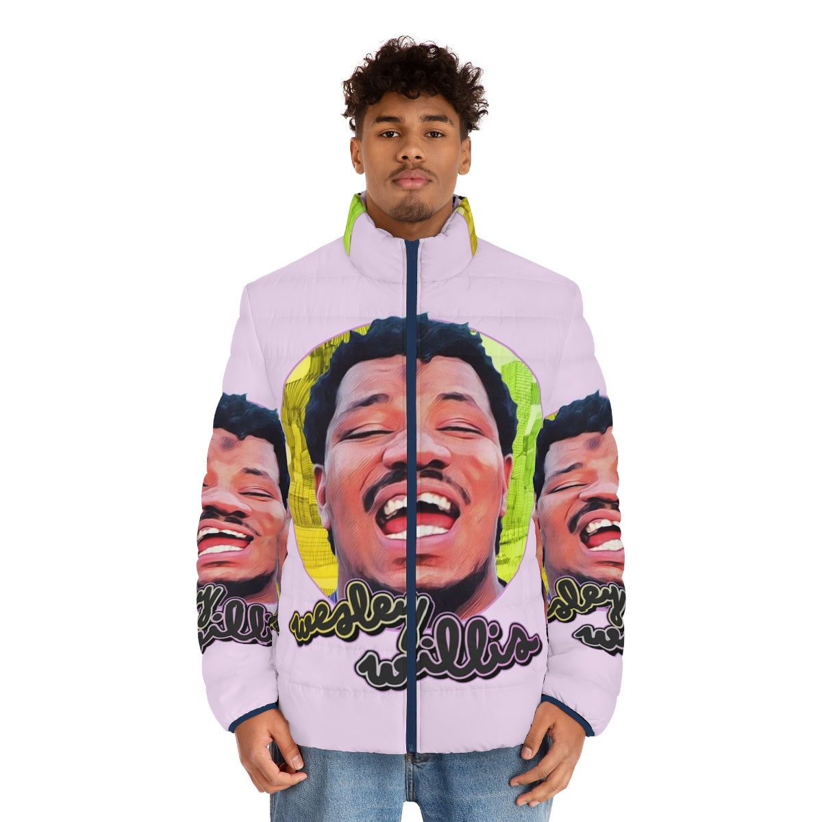 Retro puffer jacket featuring the artwork and music of Chicago artist Wesley Willis - men front