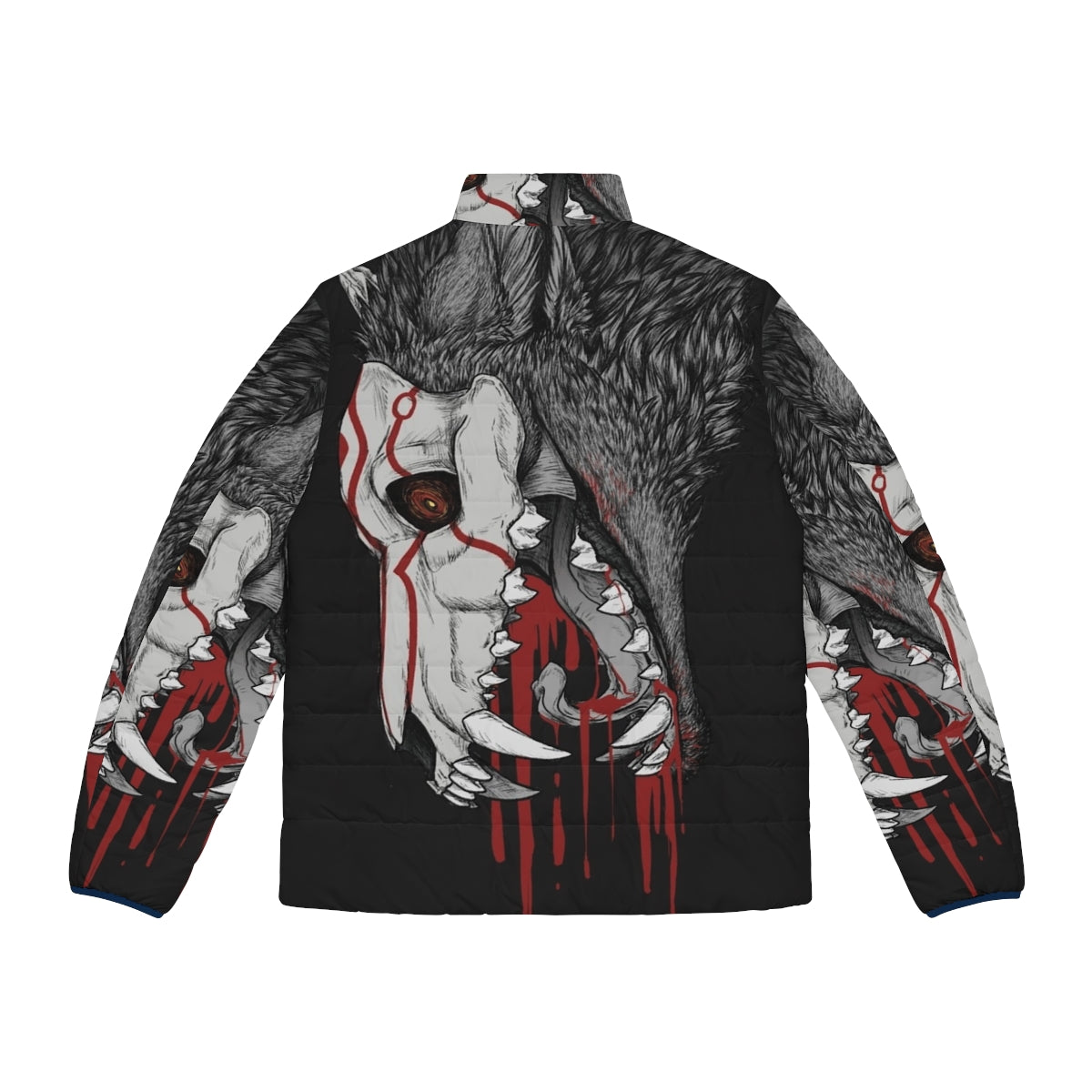 A black puffer jacket featuring horror elements like wolves, fangs, and blood for anime and horror enthusiasts. - Back