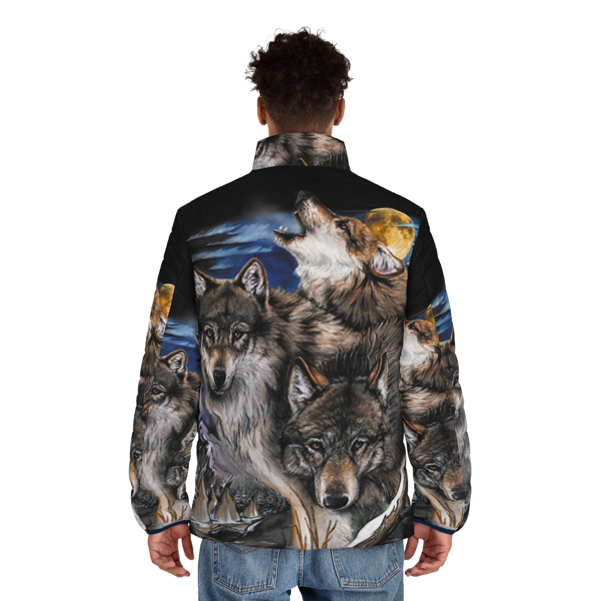 Howling wolves in the moonlight on a puffer jacket for outdoor adventure - men back