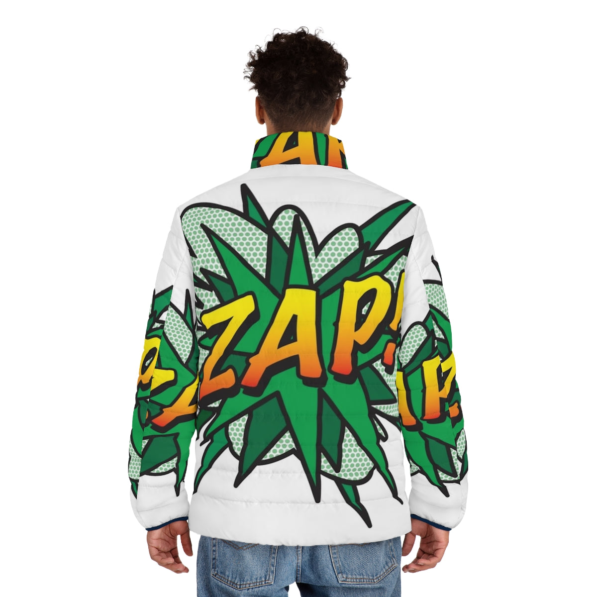 Retro comic book superhero puffer jacket with zap pop art flash design - men back