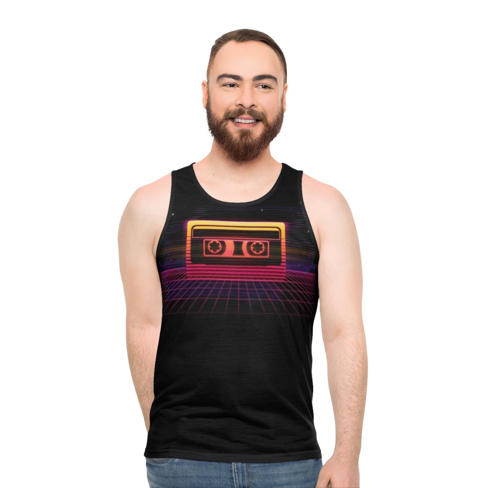 Retro neon sunset cassette tape graphic unisex tank top - men