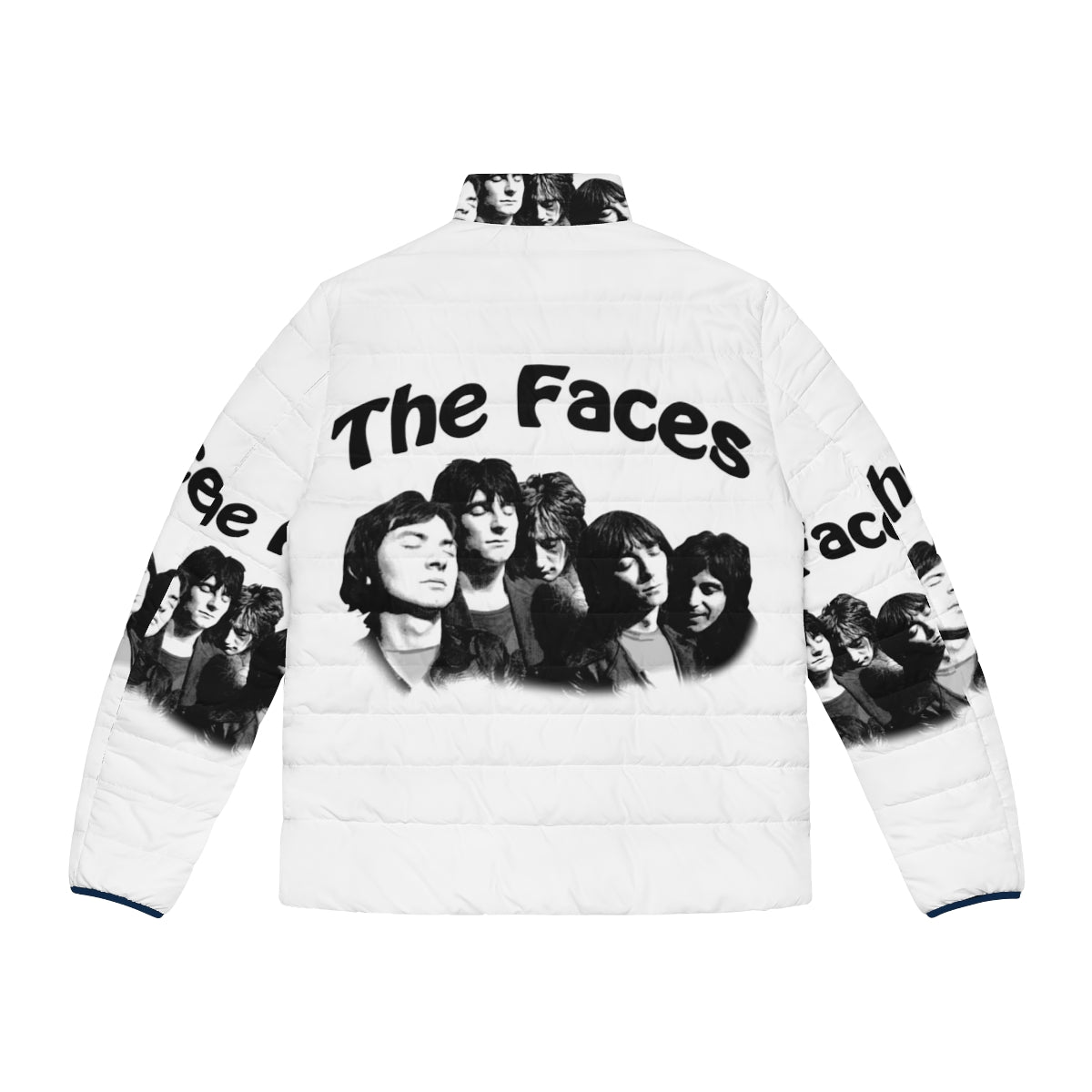 The Faces band members Ian Mclagan, Rod Stewart, and Ronnie Wood featured on a puffer jacket, hoodie, and sweetshirt - Back