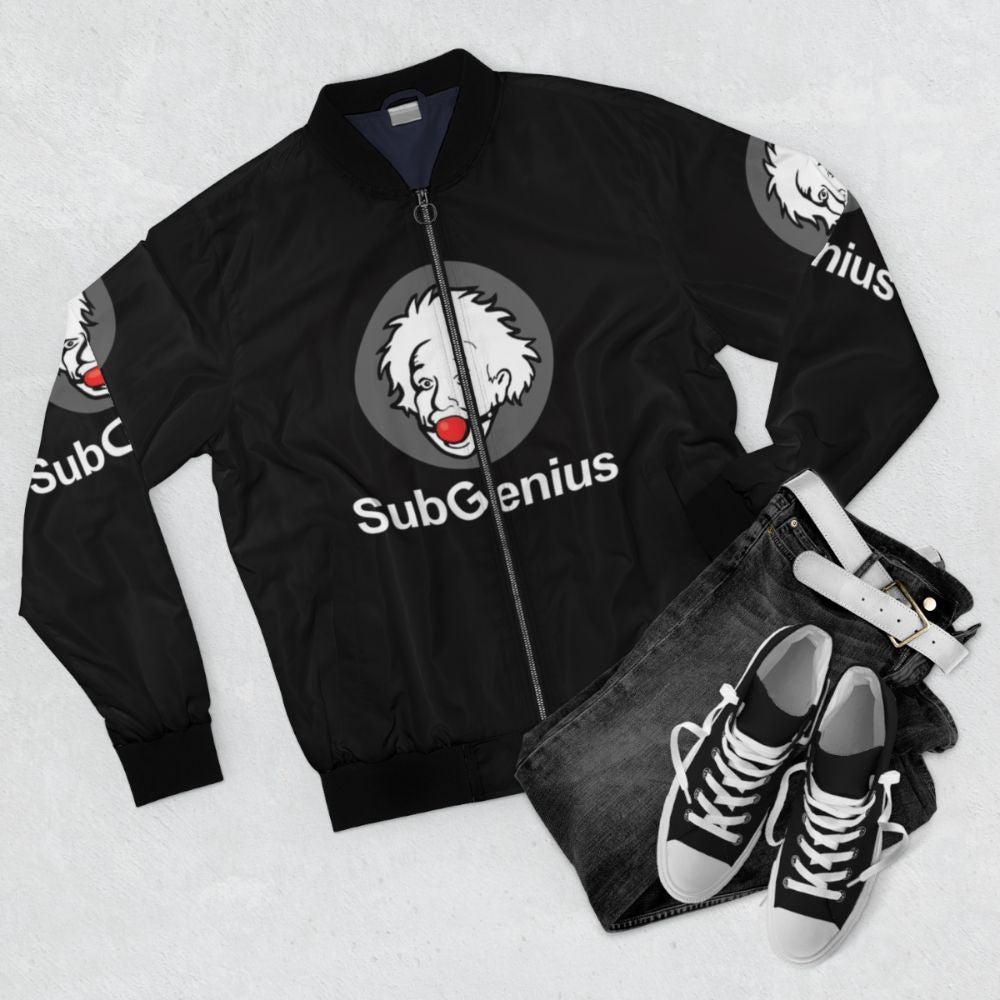 Funny and stylish bomber jacket with a pop culture logo design - Flat lay