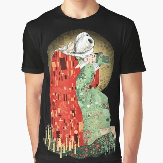 Graphic t-shirt design featuring "The Bloody Kiss" between vampire Dracula and Mina Murray, inspired by the artwork of Gustav Klimt.