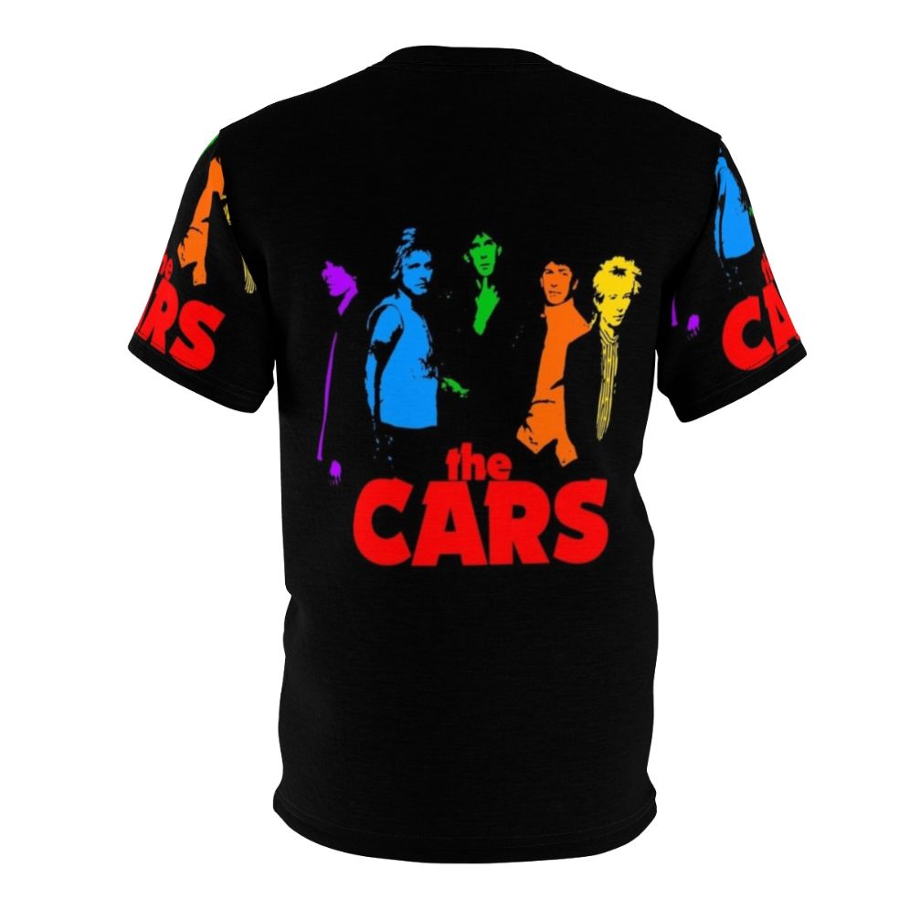 Vintage style t-shirt featuring a graphic design of The Cars, a popular new wave music band from the 1980s. - Back