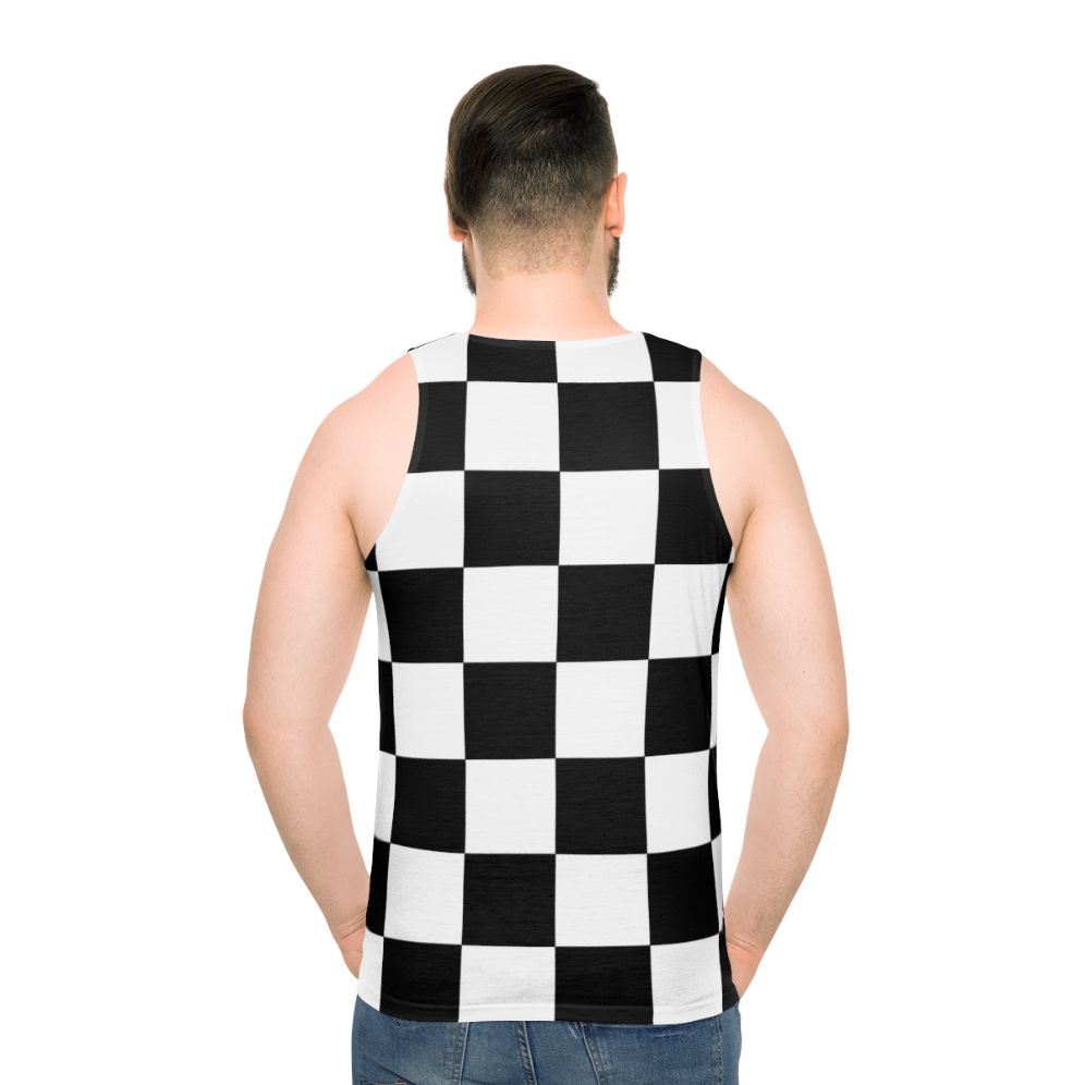 Minimalist checkered unisex tank top in black and white geometric pattern - men back