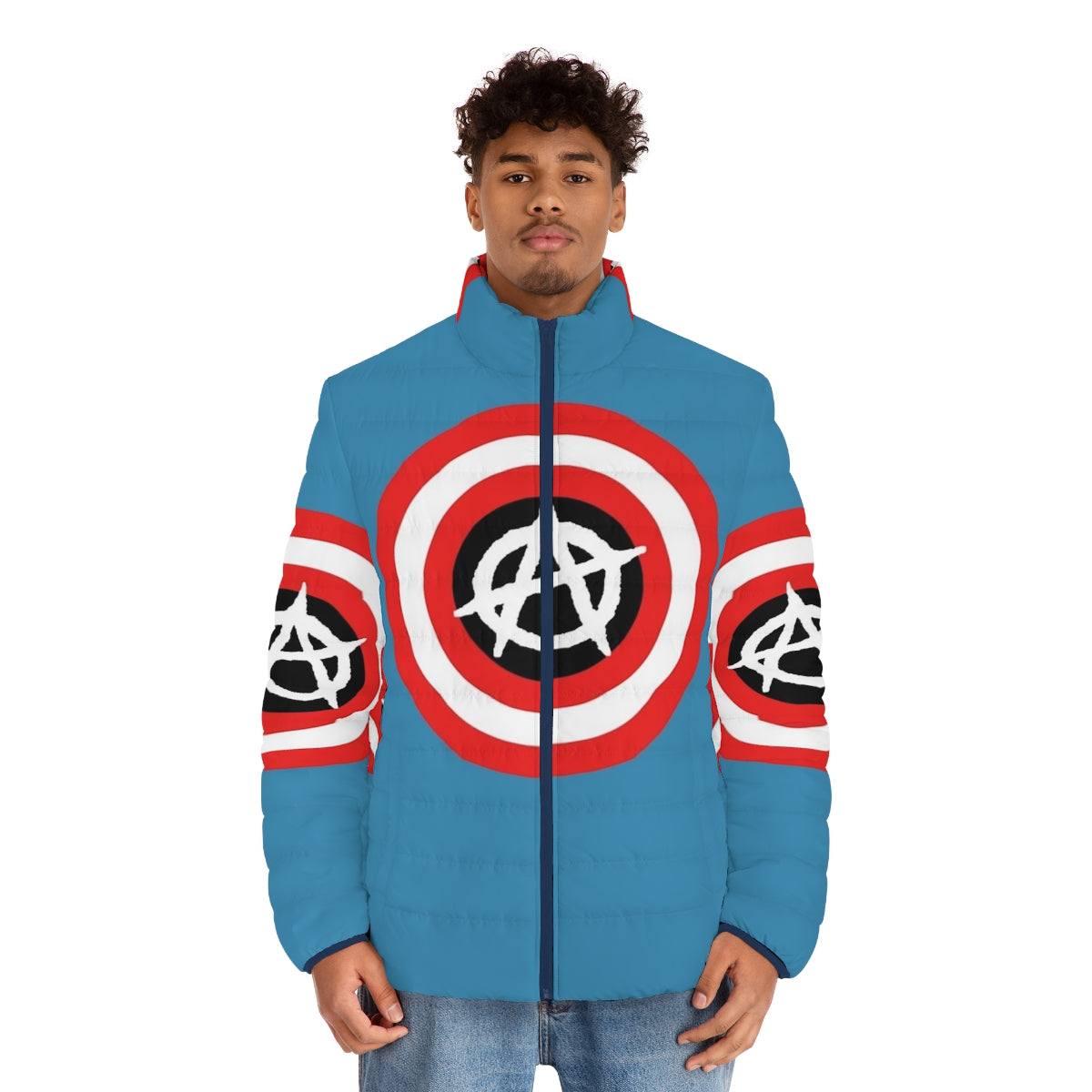 Captain Anarchy Superhero Puffer Jacket with Marvel Comics design - men front