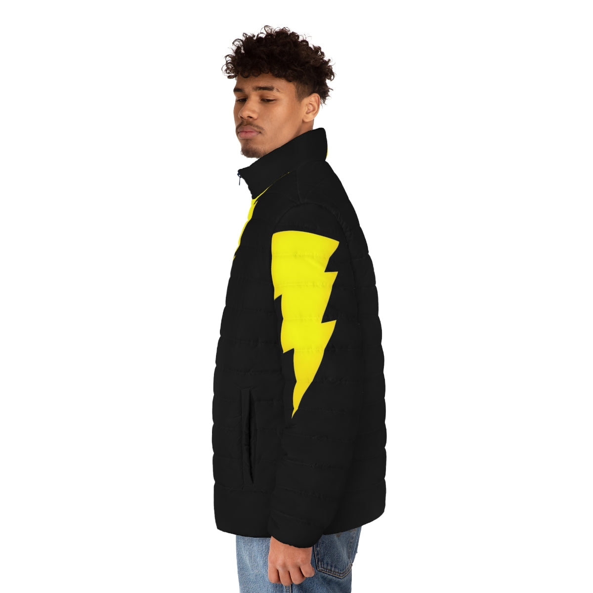 Black Adam superhero character wearing a black puffer jacket - men side left