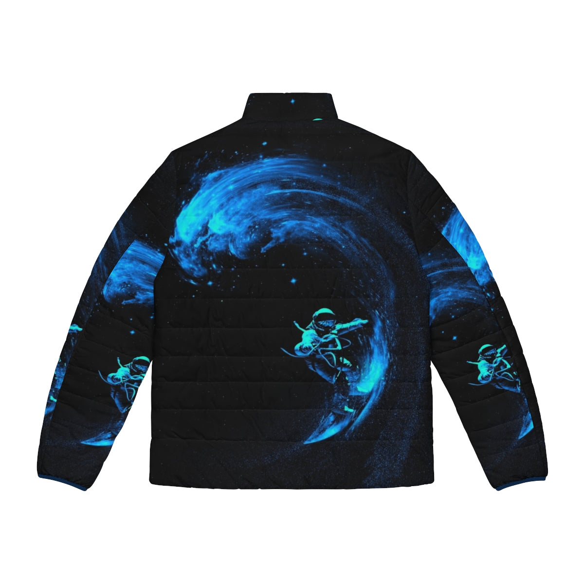 Interstellar puffer jacket featuring a galaxy-inspired design with stars, planets, and a cosmic surfing scene - Back